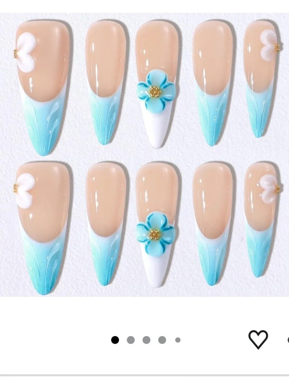 Handmade Press on Nails Acrylic - 3D Pink Blue Floral French Tip Short Almond